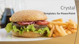 Presentation with classical - Slide set with tasty classical burger with fried potato on white table background and a white colored foreground
