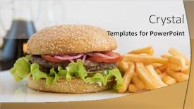  Presentation with classical - Audience pleasing slide deck consisting of tasty classical burger with fried potato on white table backdrop and a white colored foreground
