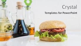  Presentation with classical - Cool new presentation design with tasty classical burger with meat cheese lettuce onion tomato and sauce on white table backdrop and a white colored foreground