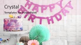  Presentation with happy birthday cake - Slide deck consisting of tasty color cake with macaroons background and a lemonade colored foreground