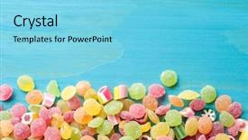  Presentation with colorful - Slides having tasty colorful candies on wooden background and a light blue colored foreground