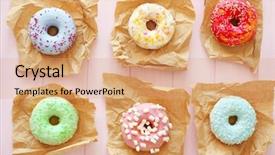  Presentation with donuts - Cool new PPT theme with tasty colorful donuts on wooden backdrop and a coral colored foreground