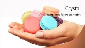  Presentation with colorful hands - PPT theme having tasty colorful macaroons in female hands isolated on white background and a sky blue colored foreground