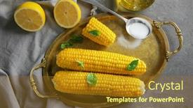  Presentation with corn cobs - Colorful PPT theme enhanced with tasty corn cobs on metal tray backdrop and a tawny brown colored foreground