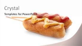  Presentation with ketchup - Beautiful slide deck featuring tasty corn dog with ketchup and mustard on white background backdrop and a sky blue colored foreground
