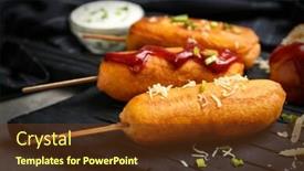  Presentation with dogs - Presentation having tasty corn dogs with ketchup on wooden board closeup background and a tawny brown colored foreground