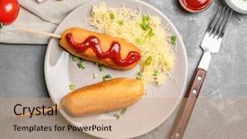  Presentation with ketchup - Presentation theme having tasty corn dogs with ketchup background and a coral colored foreground