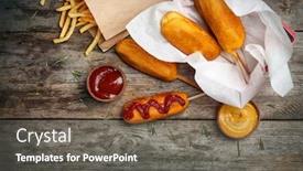  Presentation with dogs - Beautiful presentation featuring tasty corn dogs with sauces on table backdrop and a gray colored foreground