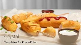  Presentation with sauces - Slide deck with tasty corn dogs with sauces on table background and a coral colored foreground