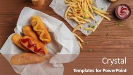  Presentation with sauces - PPT theme consisting of tasty corn dogs with sauces on table background and a red colored foreground