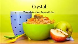 Presentation with green apples - Slide deck featuring tasty cornflakes in green bowl apples and glass of milk on wooden table on green background background and a yellow colored foreground