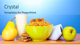  Presentation with green glass - PPT theme enhanced with tasty cornflakes in green bowl and glass of milk on wooden table on blue background background and a cool aqua colored foreground