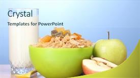  Presentation with green apples - Presentation design enhanced with tasty cornflakes in green bowl apples and glass of milk on wooden table on blue background background and a sky blue colored foreground