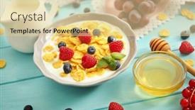  Presentation with blueberries - Theme having tasty-cornflakes-with-raspberries background and a blonde colored foreground