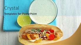  Presentation with taco - Audience pleasing slide deck consisting of tasty creamy lime sauce in bowl and fish taco on table backdrop and a light blue colored foreground