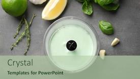  Presentation with taco - Presentation with tasty creamy lime sauce for fish taco in blender bowl on kitchen table background and a mint green colored foreground