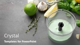  Presentation with taco - Colorful slides enhanced with tasty creamy lime sauce for fish taco in blender bowl on kitchen table backdrop and a gray colored foreground