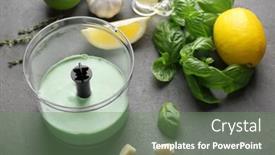  Presentation with taco - Presentation theme featuring tasty creamy lime sauce for fish taco in blender bowl on kitchen table background and a seafoam green colored foreground