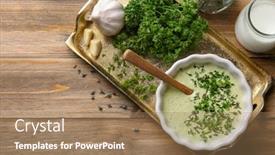  Presentation with taco - PPT theme having tasty creamy sauce for fish taco in bowl on kitchen table background and a coral colored foreground