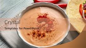  Presentation with taco - Amazing presentation theme having tasty creamy sauce for fish taco in bowl on kitchen table backdrop and a coral colored foreground