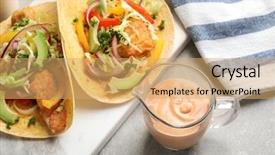  Presentation with fish tacos - Amazing PPT layouts having tasty creamy sauce in jug backdrop and a coral colored foreground