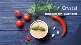  Presentation with taco - Amazing slides having tasty creamy tomato sauce for fish taco in bowl on wooden table backdrop and a ocean colored foreground