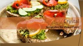  Presentation with salmon dish - Audience pleasing theme consisting of tasty-crispbread-sandwiches-with-salmon backdrop and a gold colored foreground