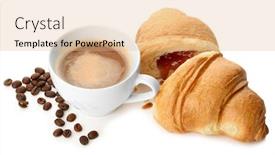  Presentation with croissant - Audience pleasing PPT theme consisting of tasty croissant and cup of coffee on white background backdrop and a lemonade colored foreground