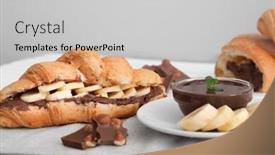  Presentation with croissant - Colorful theme enhanced with tasty croissant with banana and chocolate sauce on table backdrop and a light gray colored foreground