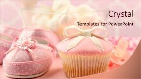  Presentation with baby color - Presentation theme featuring tasty cupcake with bow and baby shoes pacifier on color background background and a lemonade colored foreground
