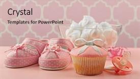  Presentation with baby color - Slide set with tasty cupcake with bow and baby shoes pacifier on color background background and a soft green colored foreground