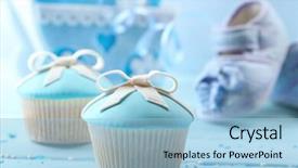  Presentation with baby color - Amazing PPT layouts having tasty cupcake with bow and baby shoes on color wooden background backdrop and a light blue colored foreground