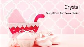  Presentation with baby color - PPT layouts with tasty cupcakes with bow and baby shoes decorative baby carriage on color background background and a pink colored foreground