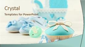  Presentation with baby color - Amazing PPT layouts having tasty cupcakes with bow and baby shoes decorative baby carriage on color background backdrop and a cream colored foreground