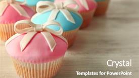  Presentation with cupcakes - PPT theme having tasty cupcakes with bow on grey background background and a coral colored foreground