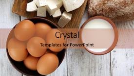  Presentation with dairy products - Presentation having tasty dairy products with bread background and a  colored foreground