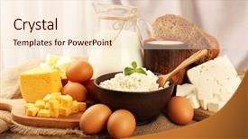  Presentation with dairy products - Slides featuring tasty dairy products with bread background and a lemonade colored foreground