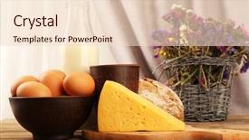  Presentation with dairy products - Audience pleasing slides consisting of tasty dairy products with bread and dry flowers on table on fabric background backdrop and a lemonade colored foreground