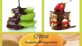  Presentation with chocolate dessert - Theme consisting of fresh waffles ingredients cooking - tasty dessert collage with fruits background and a yellow colored foreground