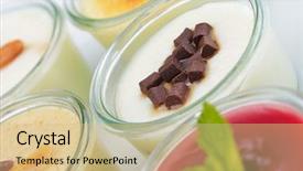  Presentation with chocolate dessert - Theme having tasty dessert glass cup with fruits and chocolate background and a soft green colored foreground