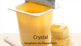  Presentation with dessert - Audience pleasing presentation design consisting of tasty dessert in open plastic cup and banana isolated on white backdrop and a yellow colored foreground