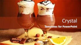  Presentation with chocolate dessert - Slide set having tasty dessert with chocolate cream and orange sauce on wooden table on lights background background and a tawny brown colored foreground