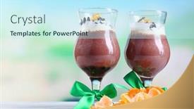  Presentation with chocolate dessert - Slide deck consisting of tasty dessert with chocolate cream and orange sauce on napkin on wooden table on light background background and a cool aqua colored foreground