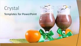  Presentation with chocolate dessert - Slide set with tasty dessert with chocolate cream and orange sauce on napkin on wooden table on light background background and a sky blue colored foreground