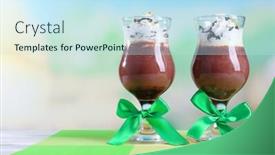  Presentation with chocolate dessert - Amazing PPT theme having tasty dessert with chocolate cream and orange sauce on napkin on wooden table on light background backdrop and a sky blue colored foreground