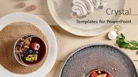  Presentation with pastry cream - PPT theme consisting of tasty-desserts-in-ceramic-plates background and a soft green colored foreground