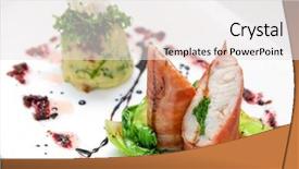  Presentation with quail - Theme featuring tasty dish of pike perch at bacon with basilica lettuce dill parsley pepper and quail egg background and a white colored foreground