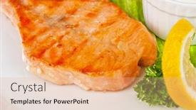  Presentation with salmon dish - Presentation consisting of tasty-dish-of-salmon-steak background and a coral colored foreground