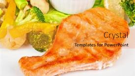  Presentation with salmon dish - Colorful presentation theme enhanced with tasty-dish-of-salmon-steak backdrop and a gold colored foreground
