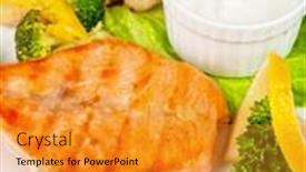  Presentation with salmon dish - Colorful PPT theme enhanced with tasty-dish-of-salmon-steak backdrop and a gold colored foreground
